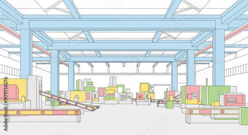 Industrial warehouse interior with beams.