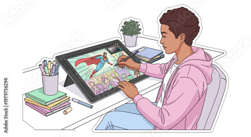 Young man working on digital drawing.