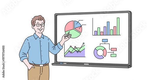 Man presenting business data charts graphs.
