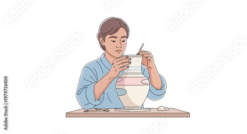 Woman painting ceramic pottery craft.