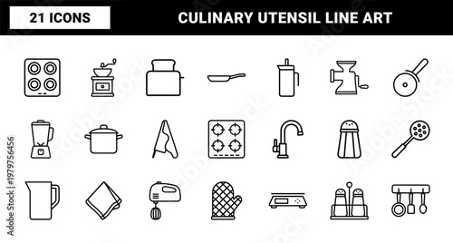 Minimalist kitchen and cooking tools outline icons set