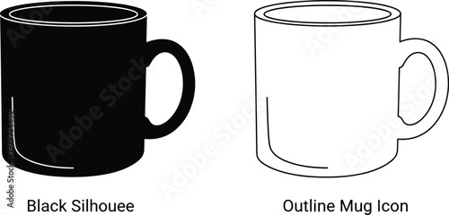 Black Silhouette and Outline Mug Icons Set for Drinkware and Beverage Concepts