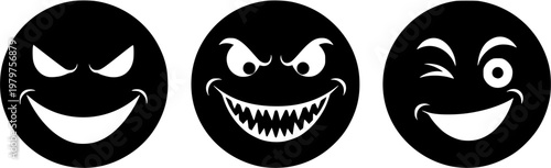 Set of Three Dark Comic Spooky Grinning Faces with Jagged Teeth