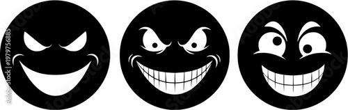 Set of Three Evil and Angry Face Expressions with Sharp Fangs