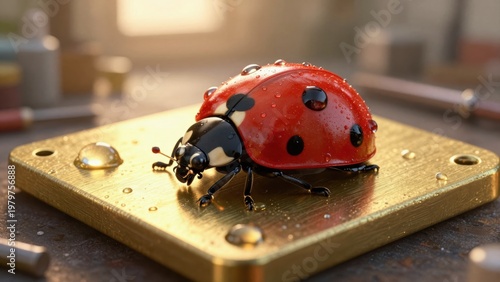 Realistic Closeup of a Ladybug on a Gold Surface with Raindrops and Soft Natural Light