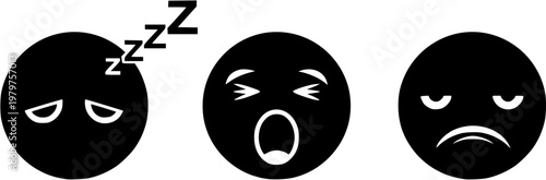 Set of Three Sleepy and Frowny Face Expressions Displaying Drowsiness Sleep and Sadness