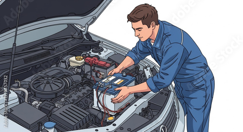 Mechanic Working on Car Engine.