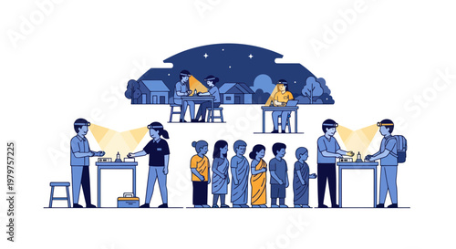 Flat illustration of people in line at food distribution point under nighttime sky with stars