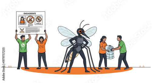 People fighting mosquito with insecticide poster and trash bag on orange background
