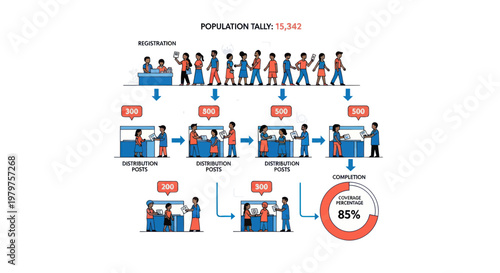 Flat illustration of mass drug administration process with 85 success rate and people interacting