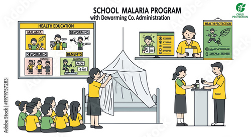 School malaria program with deworming administration health education illustration