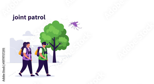 Two people walking together in a city with a tree and mosquito flying nearby joint patrol