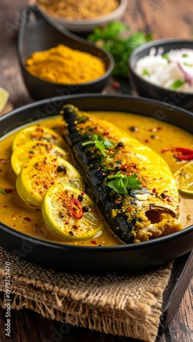 Curried mackerel bowl. Lemon slices, colorful spices adorn a rich, yellow-tinged broth