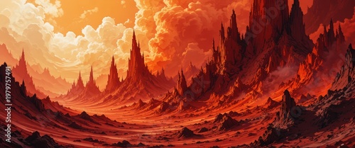 Dramatic Volcanic Landscape with Fiery Red and Orange Mountains Under a Stormy Sky