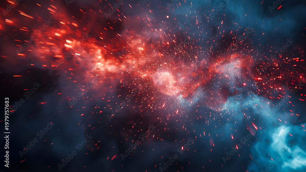 Fototapeta premium Colorful cosmic explosion with glowing particles and nebula clouds in red and blue tones. Abstract deep space scene with dynamic motion and energy.