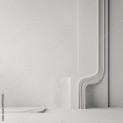 Minimalist abstract composition with layered curved forms and soft shadows in neutral tones. Clean architectural shapes creating depth and modern elegance.