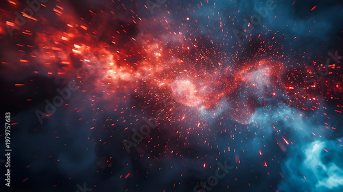 Colorful cosmic explosion with glowing particles and nebula clouds in red and blue tones. Abstract deep space scene with dynamic motion and energy.