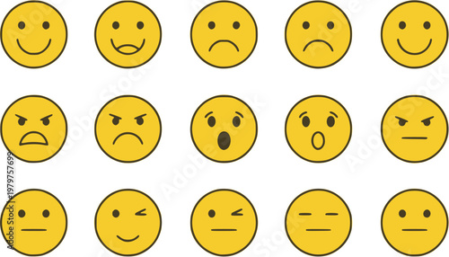 Grid of Fifteen Various Yellow Emoji Icons and Basic Head Silhouettes