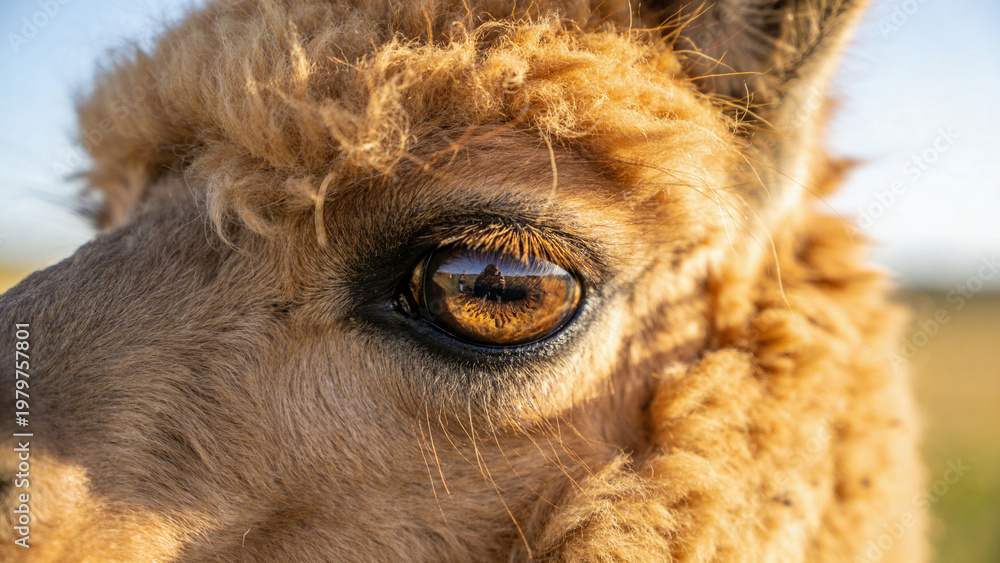 Obraz premium Close-up view of an animal's eye showing surroundings on a farm in the afternoon sunlight