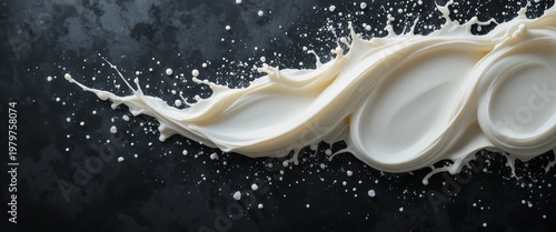 Fluid White Cream Splashing onto Dark Surface Creating Abstract Culinary Art Effect