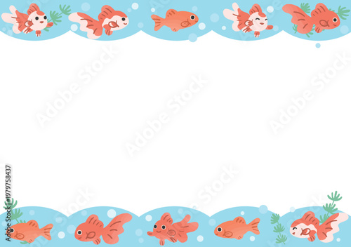 Cute Goldfish Top and Bottom Frame Vector A Size Horizontal Transparent Background | かわいい金魚の上下装飾フレーム A判横ベクター（背景透過）