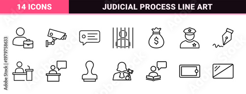 Legal and justice system line icon set in minimalist style