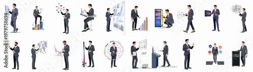 Set of professional illustrations featuring businessmen interacting with digital technology, data charts, server infrastructure, and financial analysis tools for modern business concepts.