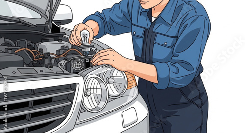 Mechanic working on car engine under hood.