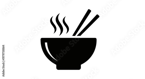 Black silhouette of a steaming bowl with chopsticks on a white background