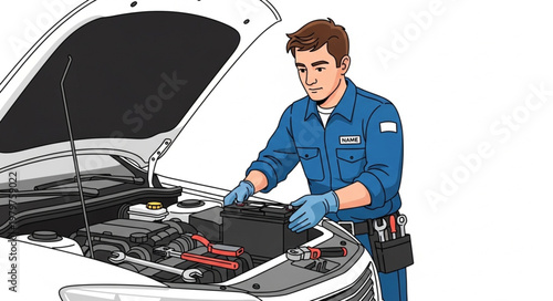 Mechanic working on car engine under hood.