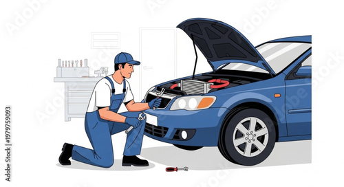Mechanic Working on Car Engine Under Hood in Workshop.