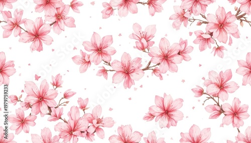 Delicate Pink Cherry Blossom Flowers Creating a Bright Decorative Pattern on a White Background