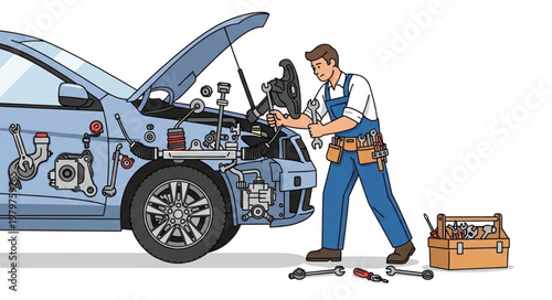 Mechanic Working on Car Engine Under Hood with Tools.
