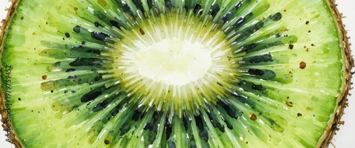 Close Up View of a Kiwi Fruit Slice Showcasing Vivid Green Interior and Unique Pattern