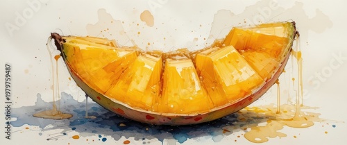 Vibrant Yellow Melon Slice Drizzling Natural Juice on White Background