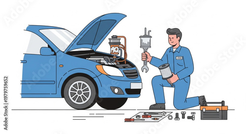 Mechanic working on car engine with tools.