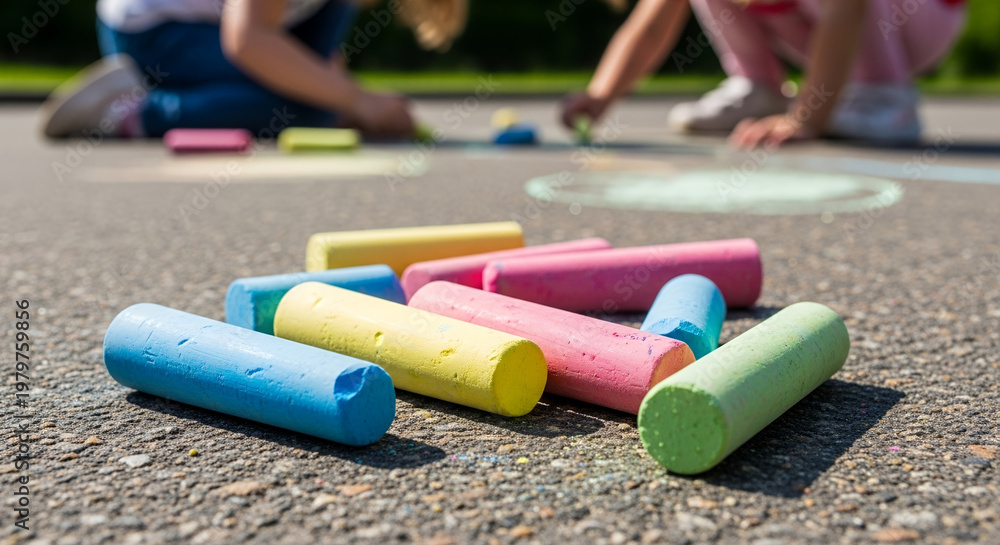 Obraz premium Children drawing with colorful chalks on pavement outdoors for international children's day 