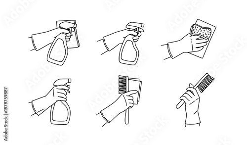 Minimal Cleaning Hands Line Art Vector Gloves and Supplies Hygiene Icon Set