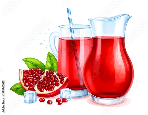 Pomegranate juice set pitcher, glass with straw, fruit wedge, leaves, ice. Refreshing