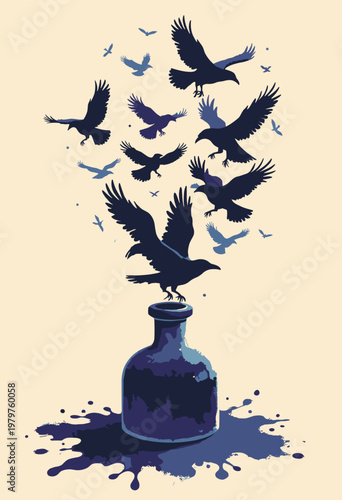 flat graphic overturned ink bottle spilled black ink smoothly transitions into flock stylized, flying raven silhouettes Gothic minimalist aesthetic Blank space typography No text