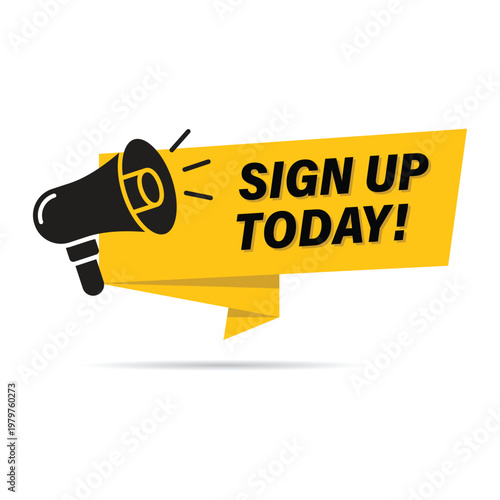 Tableau sur toile yellow folded ribbon banner with sign up today text and megaphone icon for call