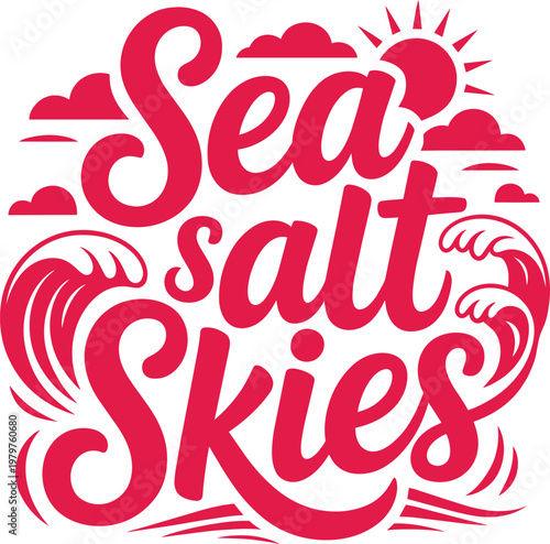 Sea Salt Skies Typography with Waves and Sun Graphic for script font and design element