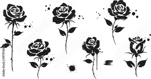 lack rose silhouettes set with ink splatter elements, floral tattoo style illustrations, romantic gothic design for decoration and artistic vector collection