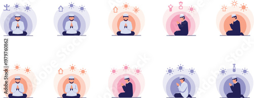 Meditation and mental health wellness characters set with mindfulness yoga poses emotional balance and relaxation cartoon vector illustration collection