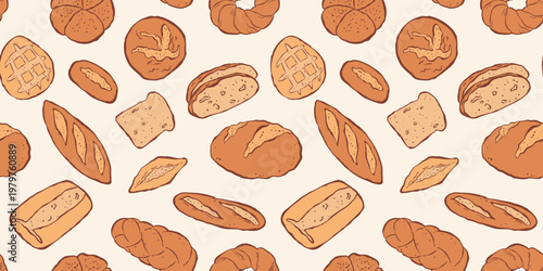 Seamless pattern with colourful different forms of bakery products on white backdrop. Flat vector illustration. Modern template for background, wallpaper, packaging, wrapper, textile, cover