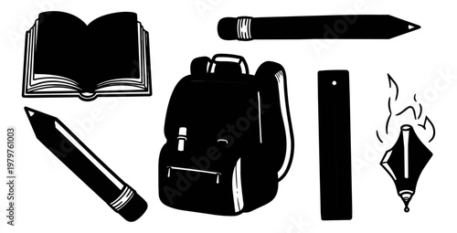 Abstract illustration of book figure and objects in white on black background