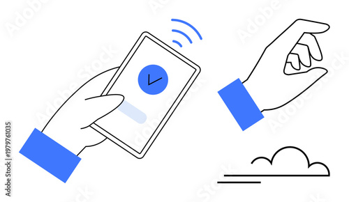 Mobile technology, data sharing, wireless connection, cloud storage, gestures, and digital communication. A hand holds a smartphone with wireless signals. Mobile technology and data sharing concepts