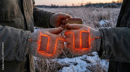 Farm workers share warm drinks wearing heated gloves during cold weather at dawn