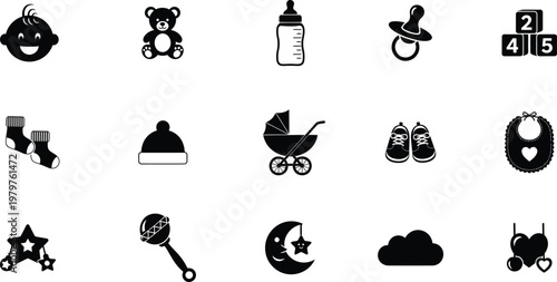 Baby items silhouette icons isolated on transparent background