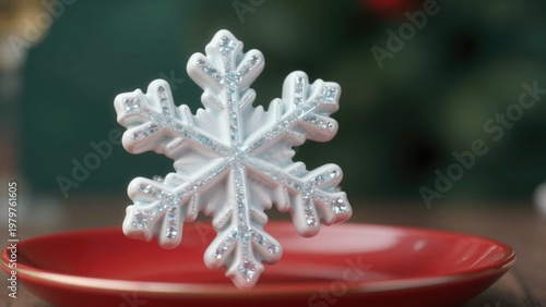 Delicate White Snowflake Ornament Sparkling on a Red Plate for a Festive Holiday Table Setting